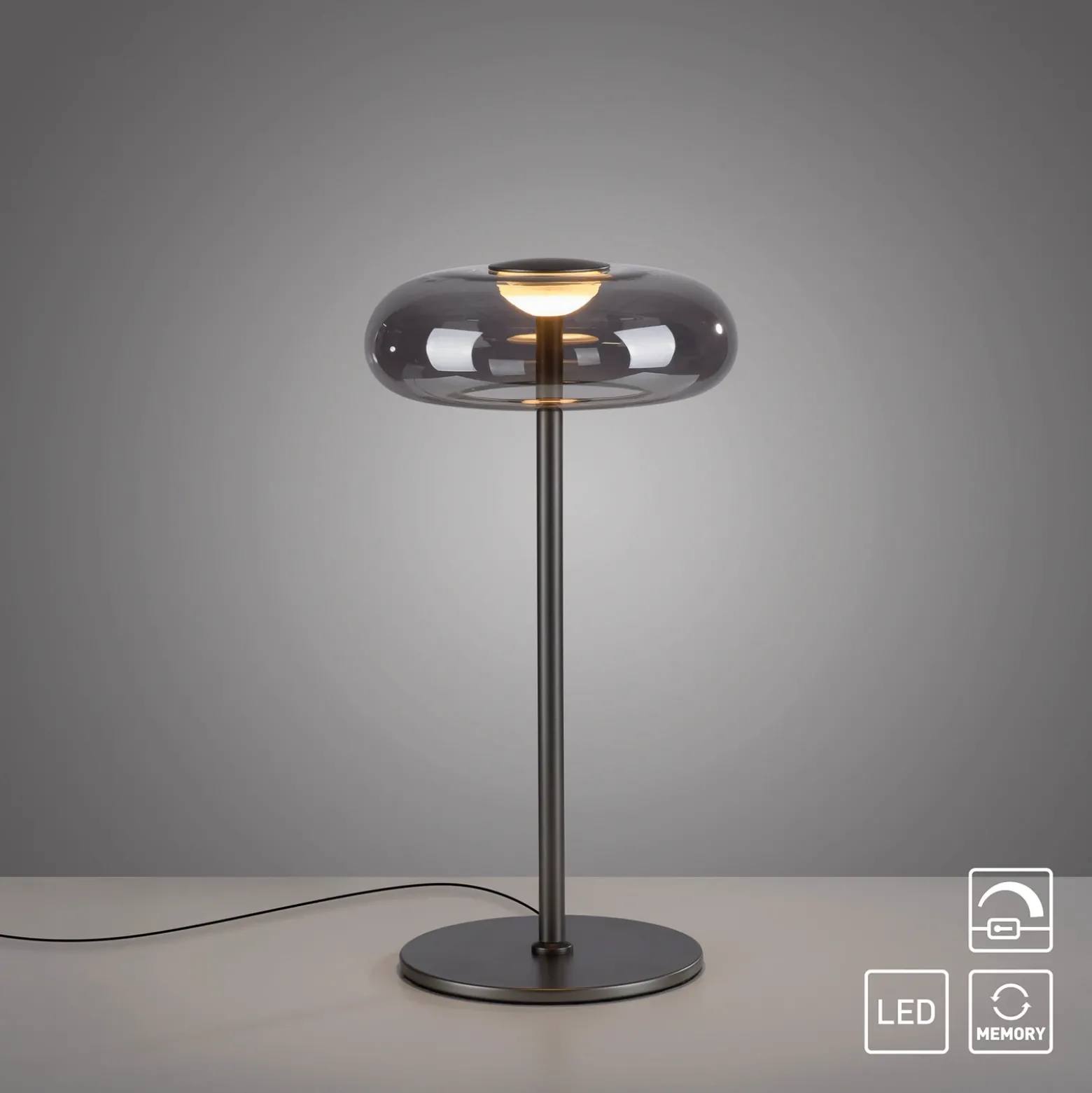 Lámpara de mesa LED Posh de SCHÖNER WOHNEN, cristal ahumado, 3000 K