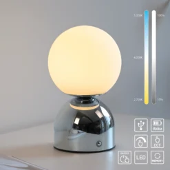 Lámpara de mesa LED recargable RUDI, cromada, altura 20 cm, CCT, regulación