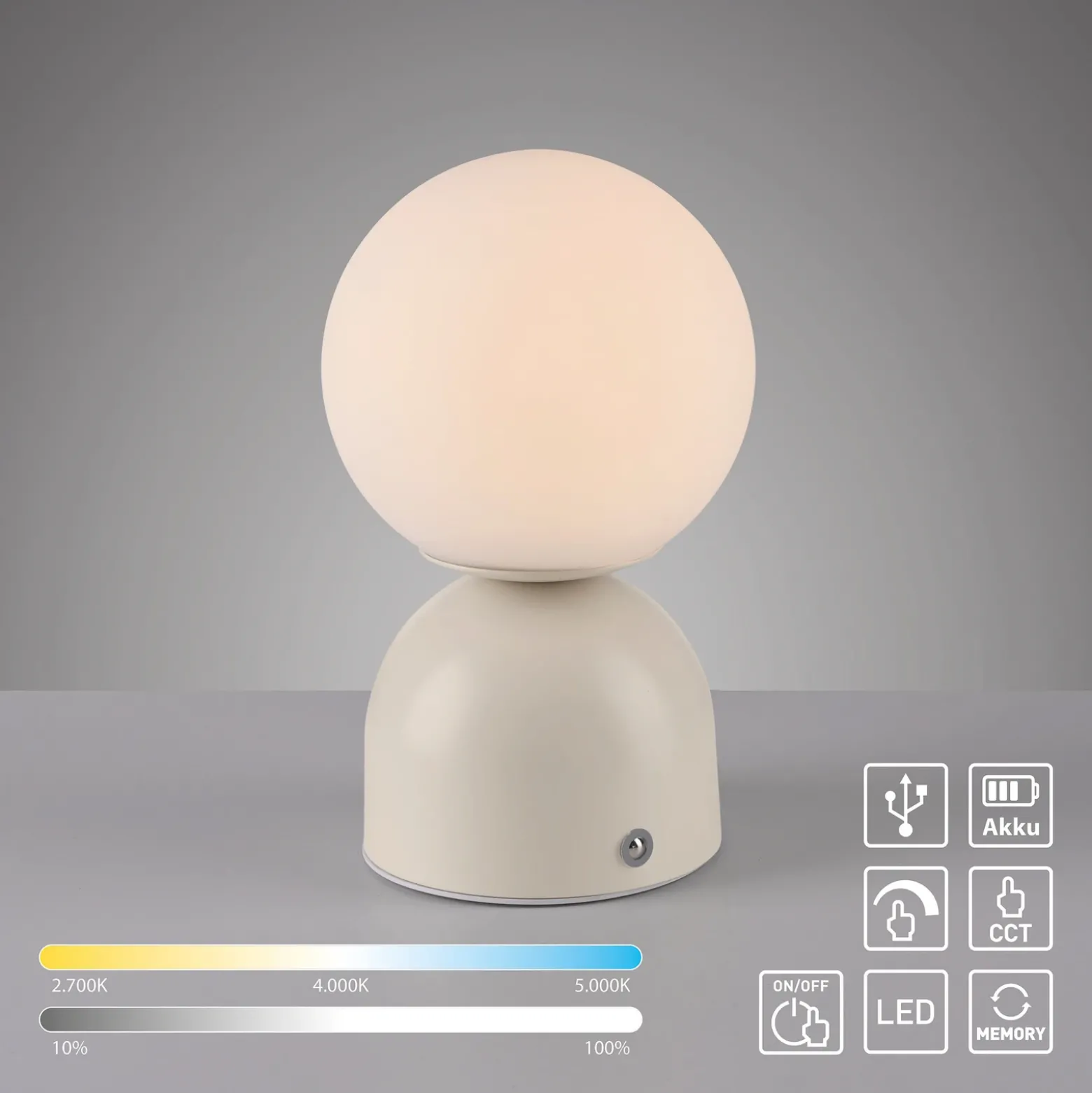 Lámpara de mesa LED recargable RUDI, color beige, altura 20 cm, CCT, regulación
