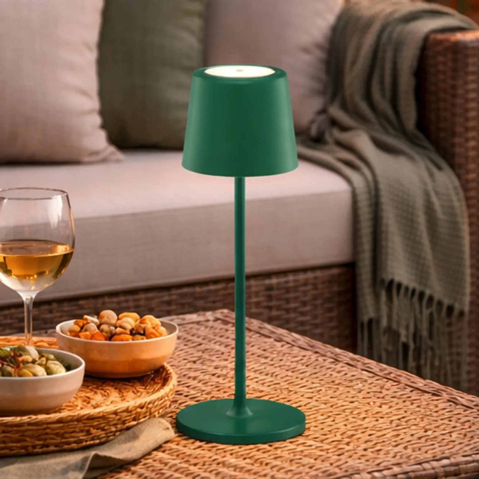 Lámpara de mesa LED recargable Kaami, verde, altura 37 cm, IP44, atenuable.