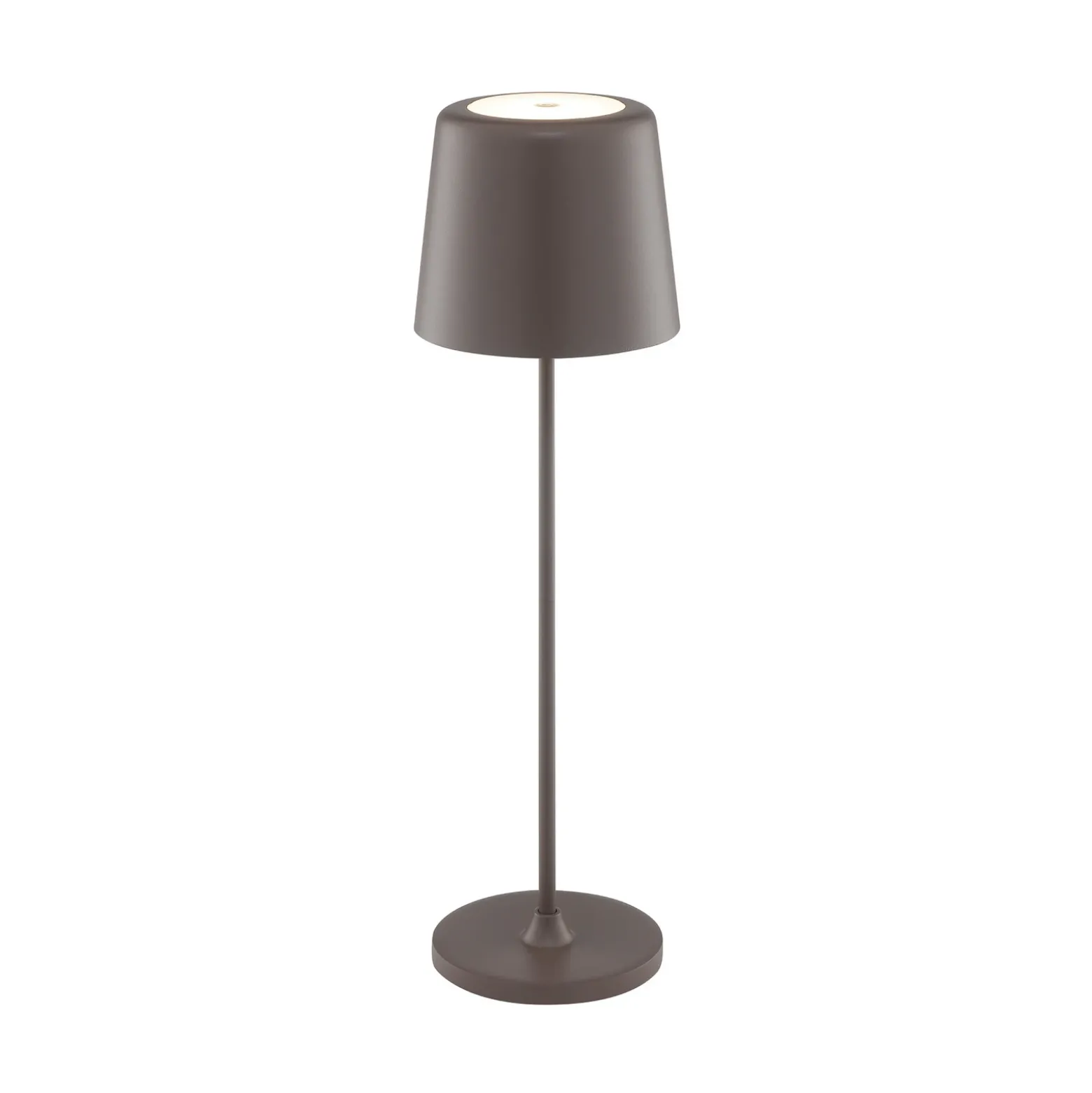 Lámpara de mesa LED recargable Kaami, marrón, altura 37 cm, IP44, atenuable.