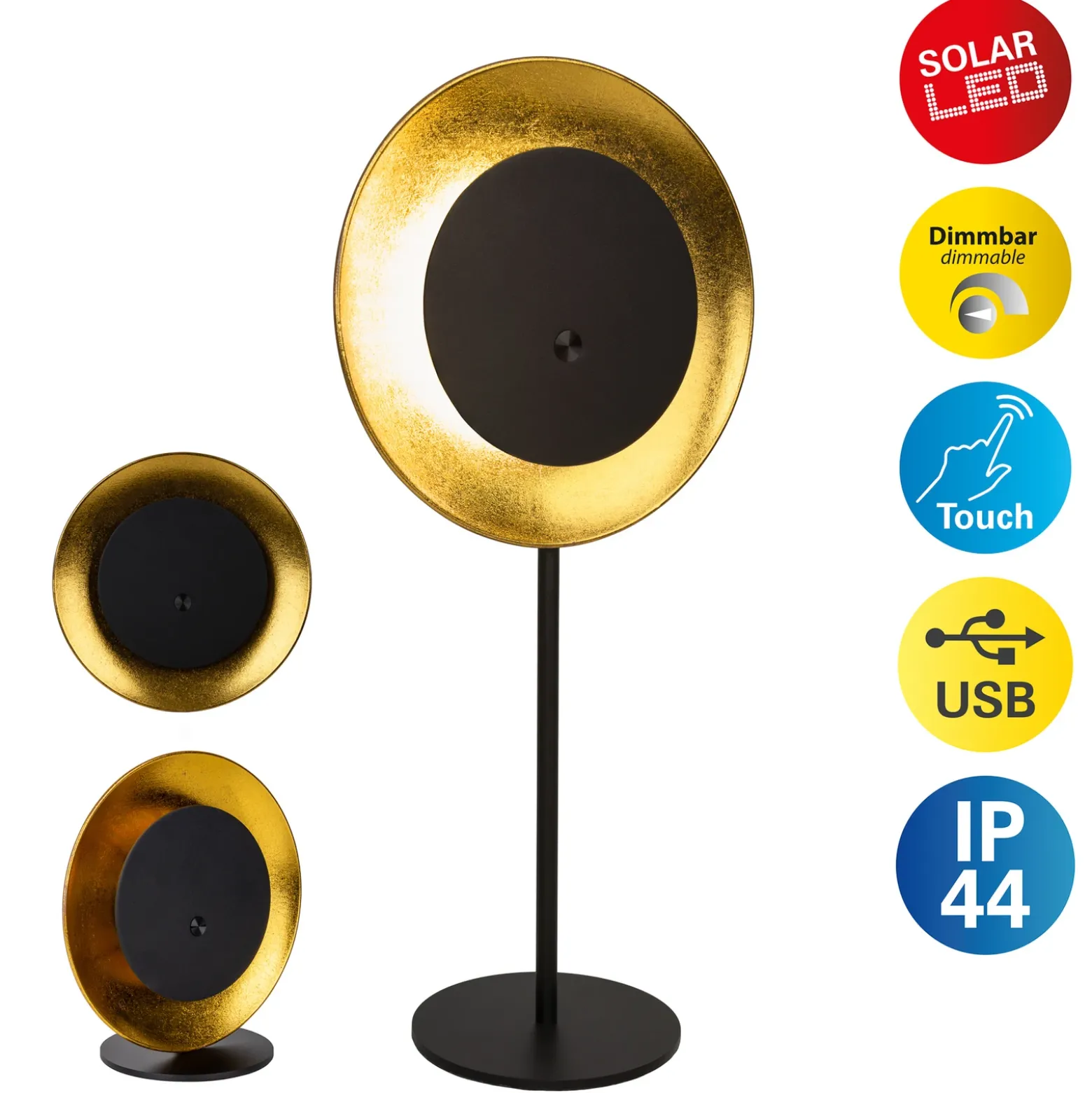 Lámpara de mesa LED recargable Solan, negro/dorado, solar, IP54