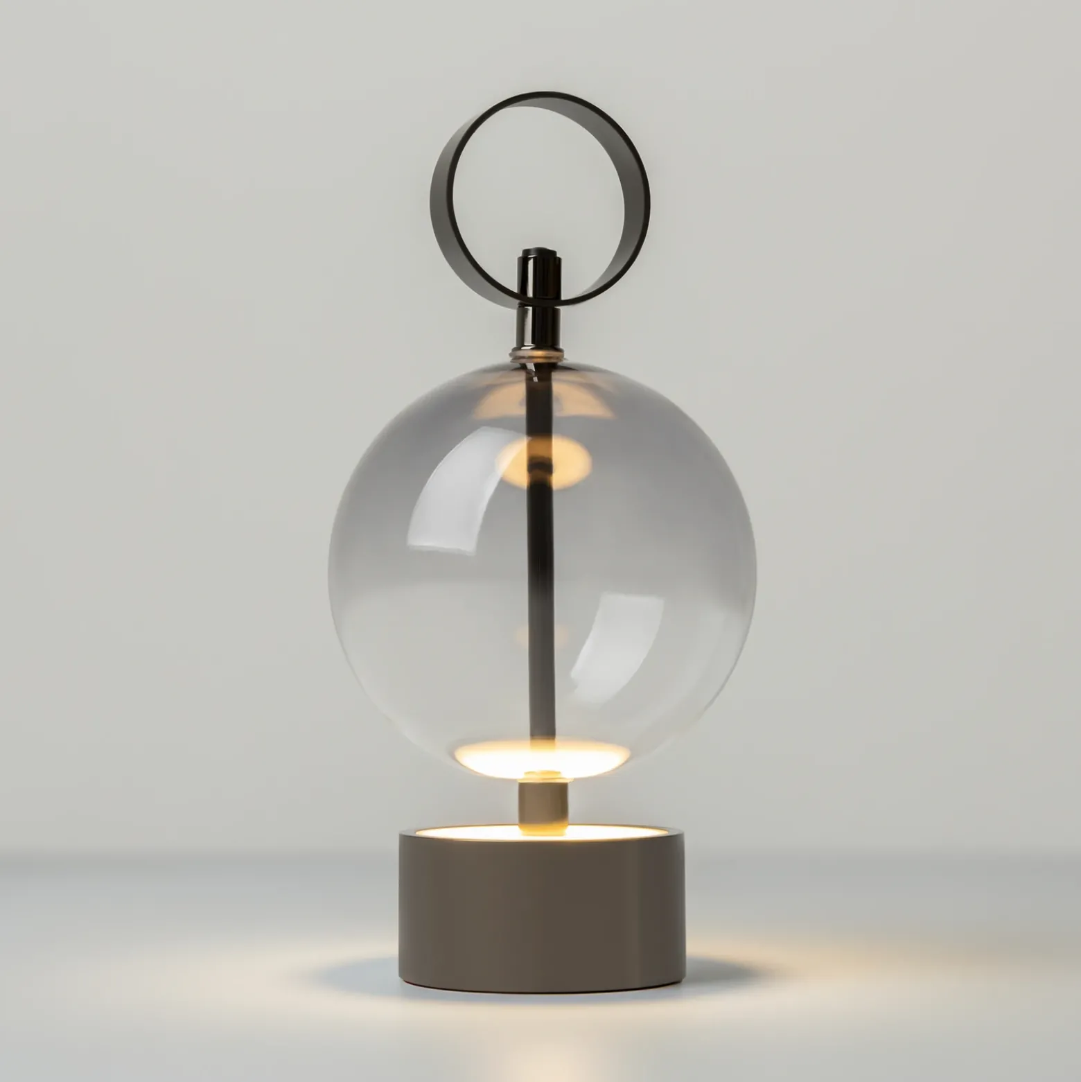 Lámpara de mesa LED recargable DOUBLE MOON, gris ahumado, altura 25 cm, cristal
