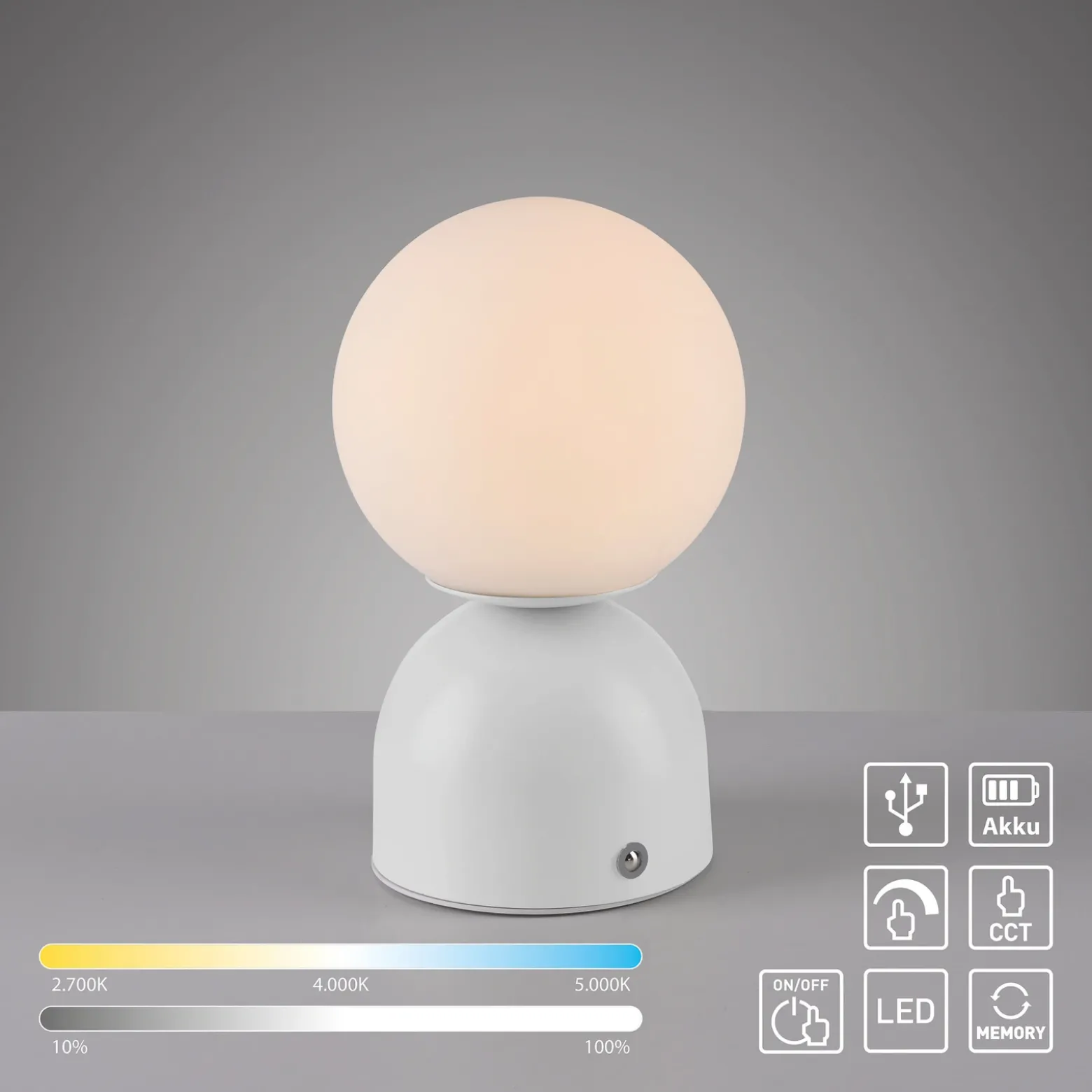 Lámpara de mesa LED recargable RUDI, blanca, altura 20 cm, CCT, regulación