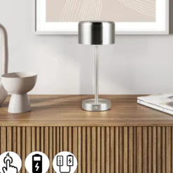 Lámpara de mesa LED recargable Jeff, color níquel, altura 30 cm, metal