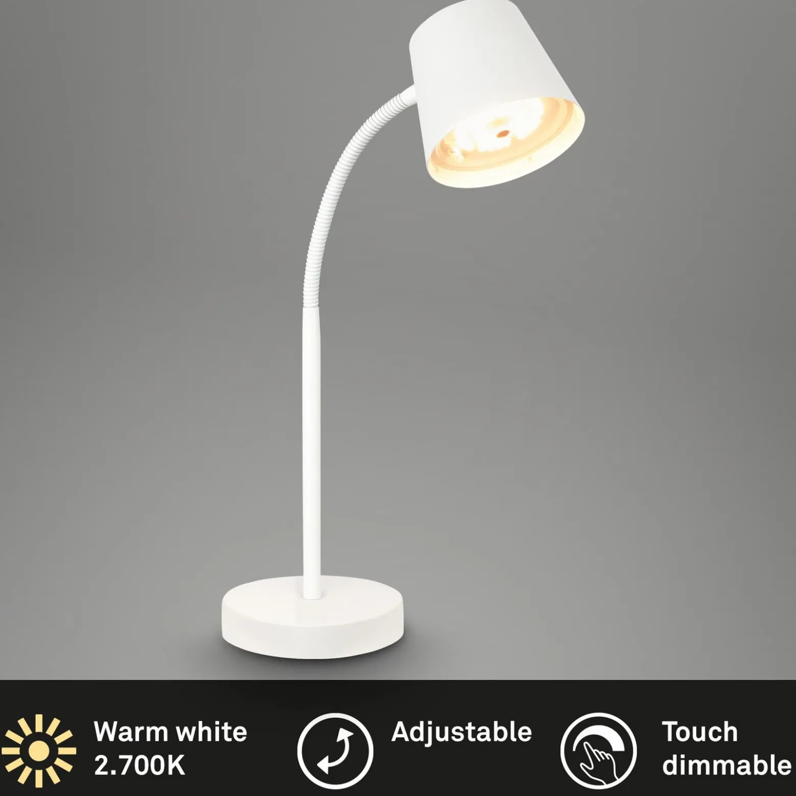 Lámpara de mesa LED recargable Biwo, blanca, regulador táctil, metal