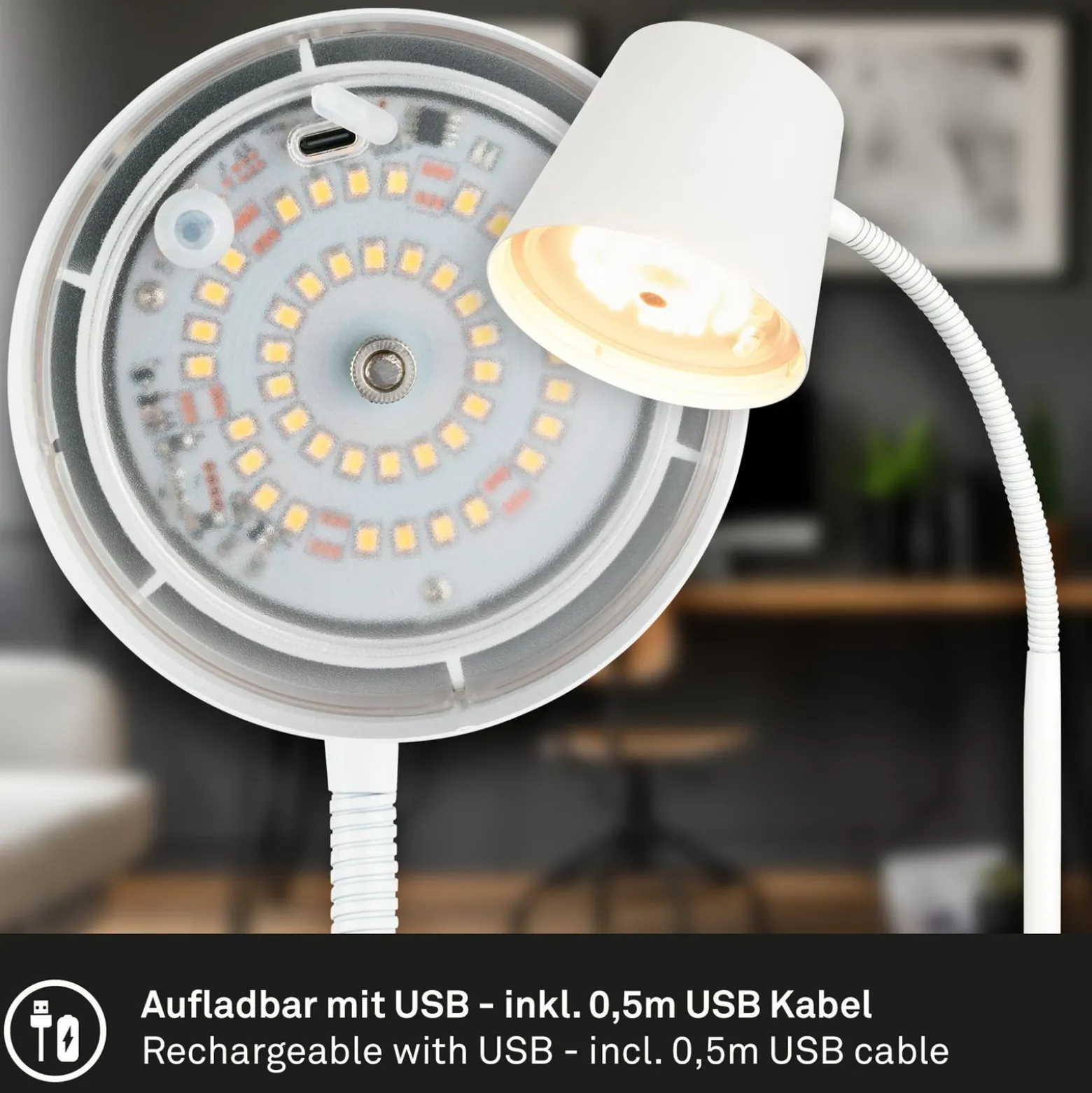 Lámpara de mesa LED recargable Biwo, blanca, regulador táctil, metal