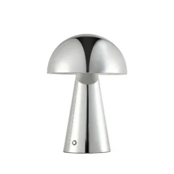 Lámpara de mesa LED recargable Lindby Nevijo, cromada, Ø 20 cm, USB, atenuador