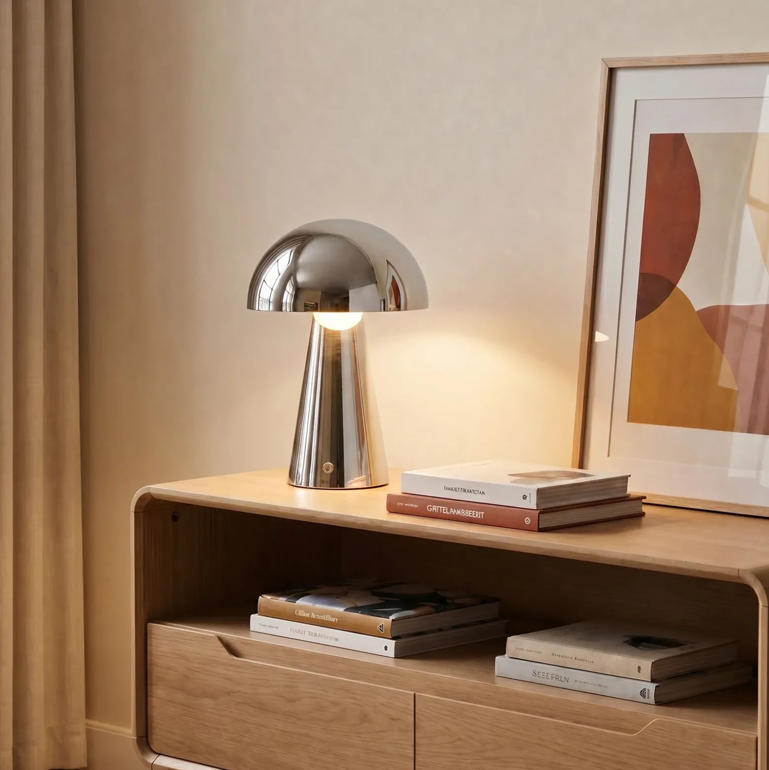 Lámpara de mesa LED recargable Lindby Nevijo, cromada, Ø 20 cm, USB, atenuador