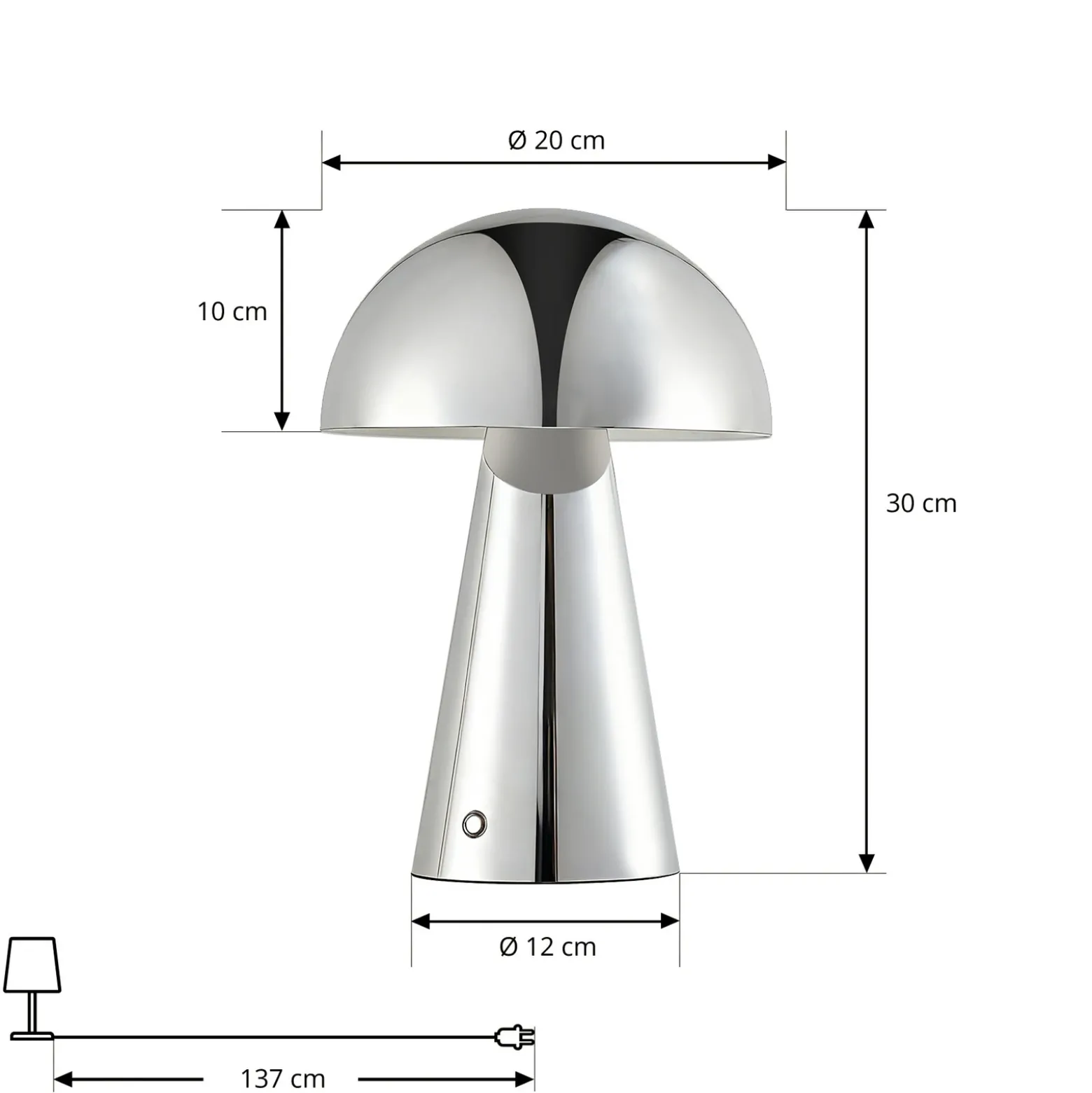 Lámpara de mesa LED recargable Lindby Nevijo, cromada, Ø 20 cm, USB, atenuador
