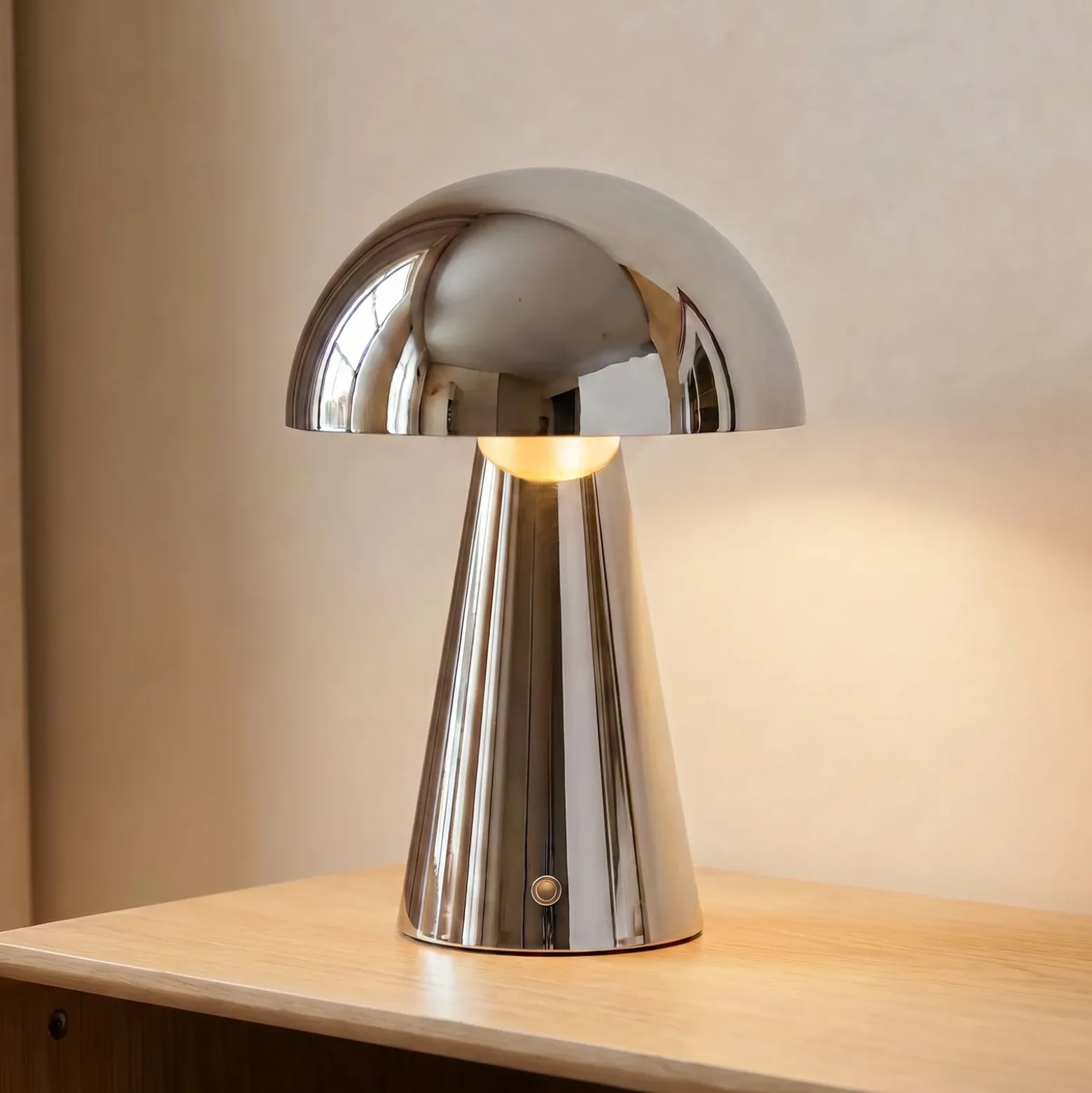 Lámpara de mesa LED recargable Lindby Nevijo, cromada, Ø 20 cm, USB, atenuador