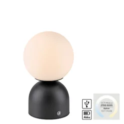 Lámpara de mesa LED recargable RUDI, negra, altura 20 cm, CCT, regulación táctil