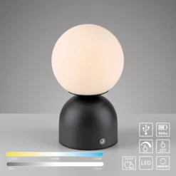 Lámpara de mesa LED recargable RUDI, negra, altura 20 cm, CCT, regulación táctil