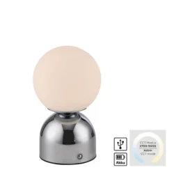 Lámpara de mesa LED recargable RUDI, cromada, altura 20 cm, CCT, regulación