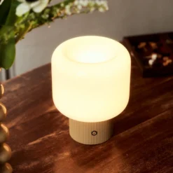 lámpara de mesa LED recargable Lucande Katrin Palme, beige, cristal