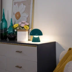 Lámpara de mesa LED recargable Lindby Nevijo, color petróleo, Ø 18 cm, USB,