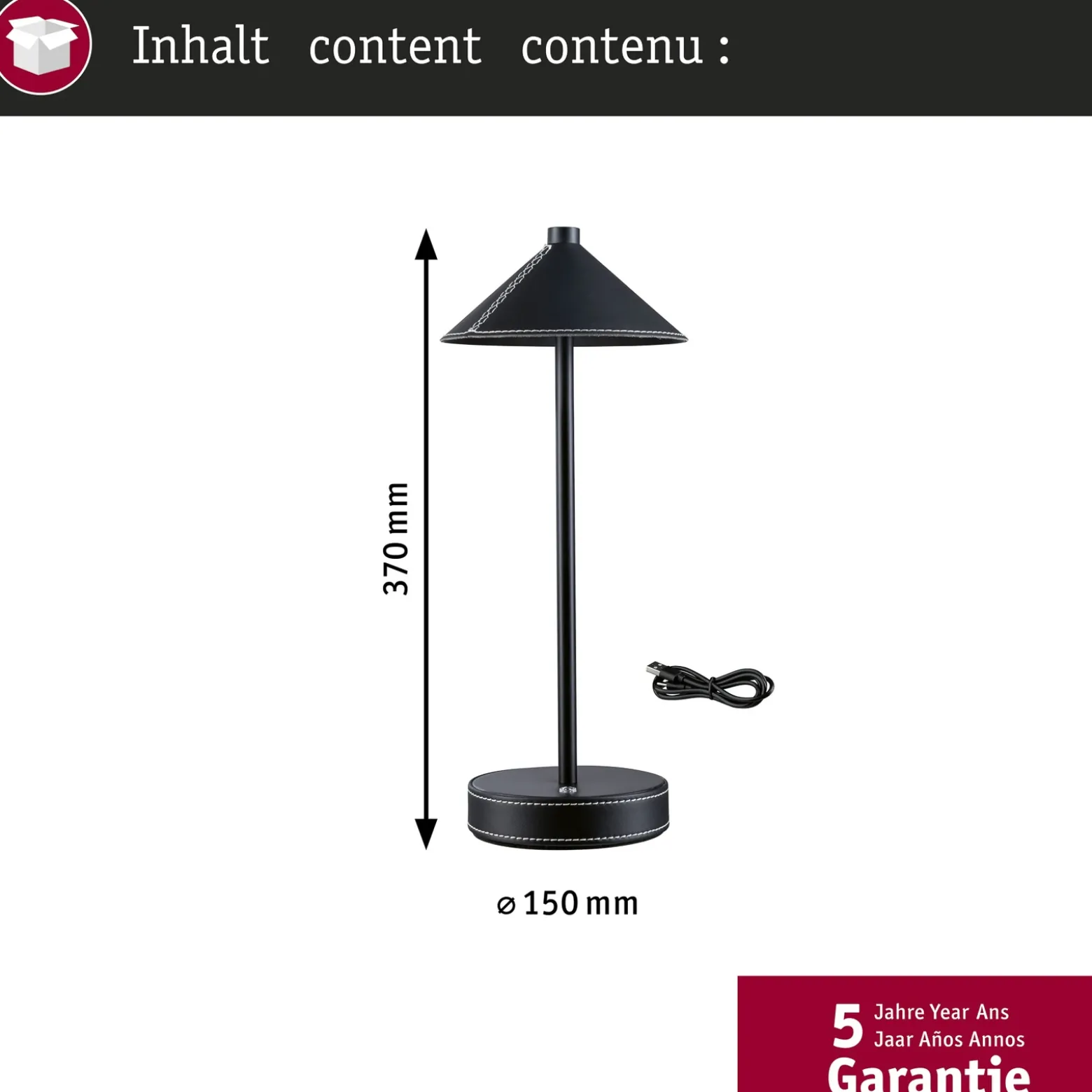 Lámpara de mesa LED recargable Paulmann Pellini, negra, luz hacia abajo, CCT