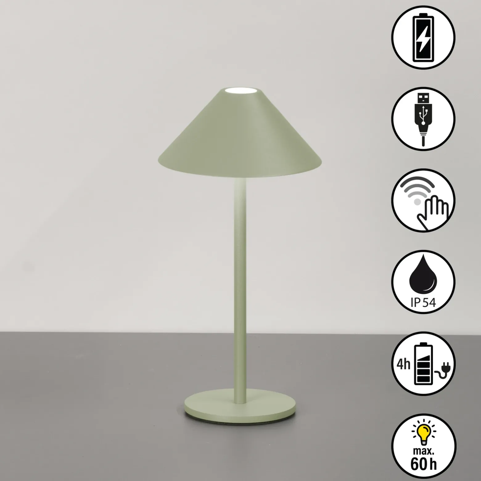 Lámpara de mesa LED recargable Prato, verde salvia, altura 25 cm, metal, IP54