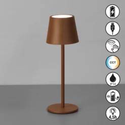 Lámpara de mesa LED recargable Roxi, color óxido, metal, IP54, atenuador