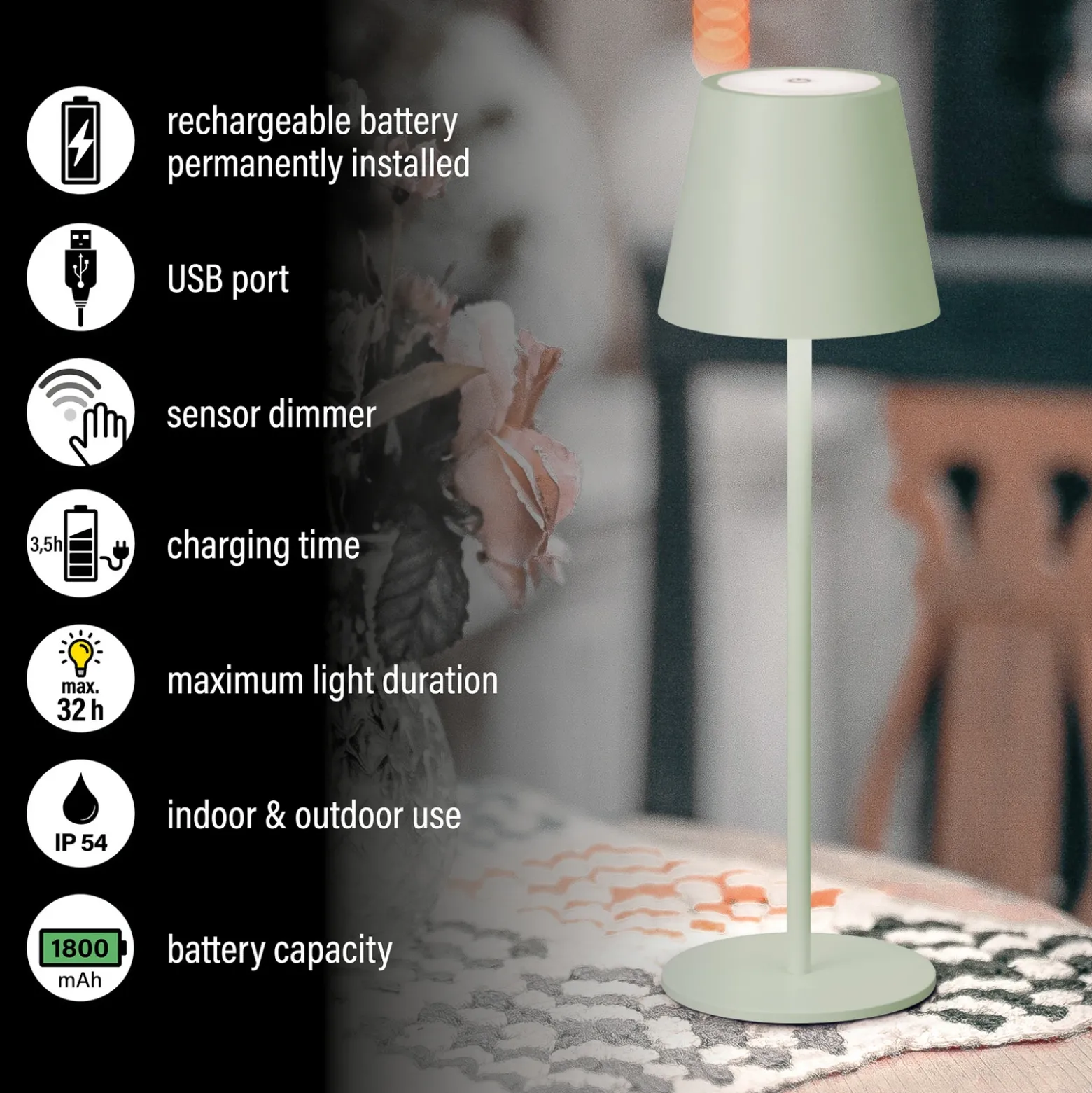 Lámpara de mesa LED recargable Viletto, verde salvia, IP54