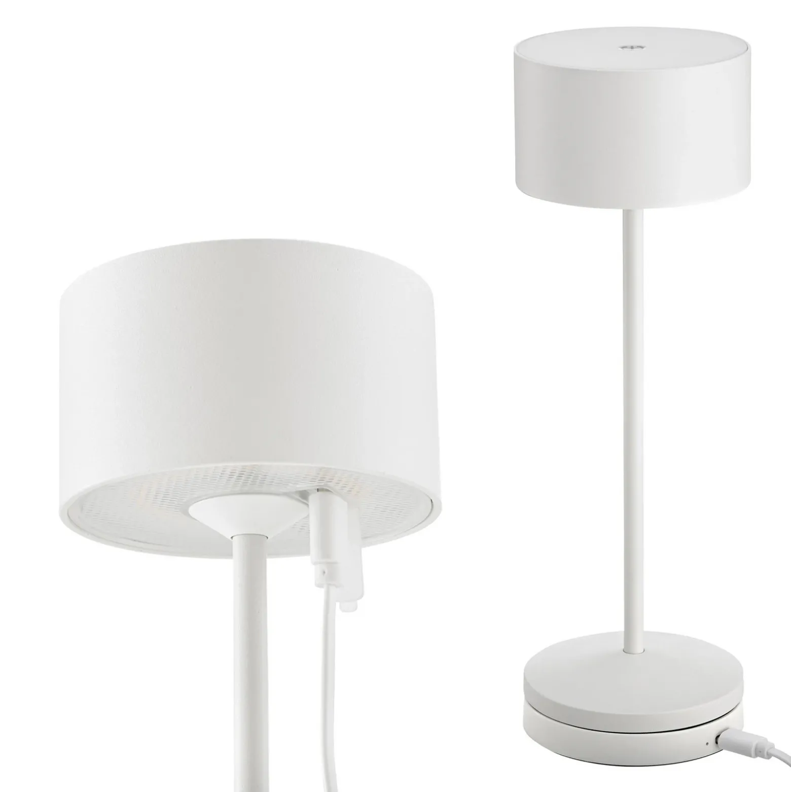 Lámpara de mesa LED recargable Veluna, blanca, altura 25 cm, IP44, atenuable,