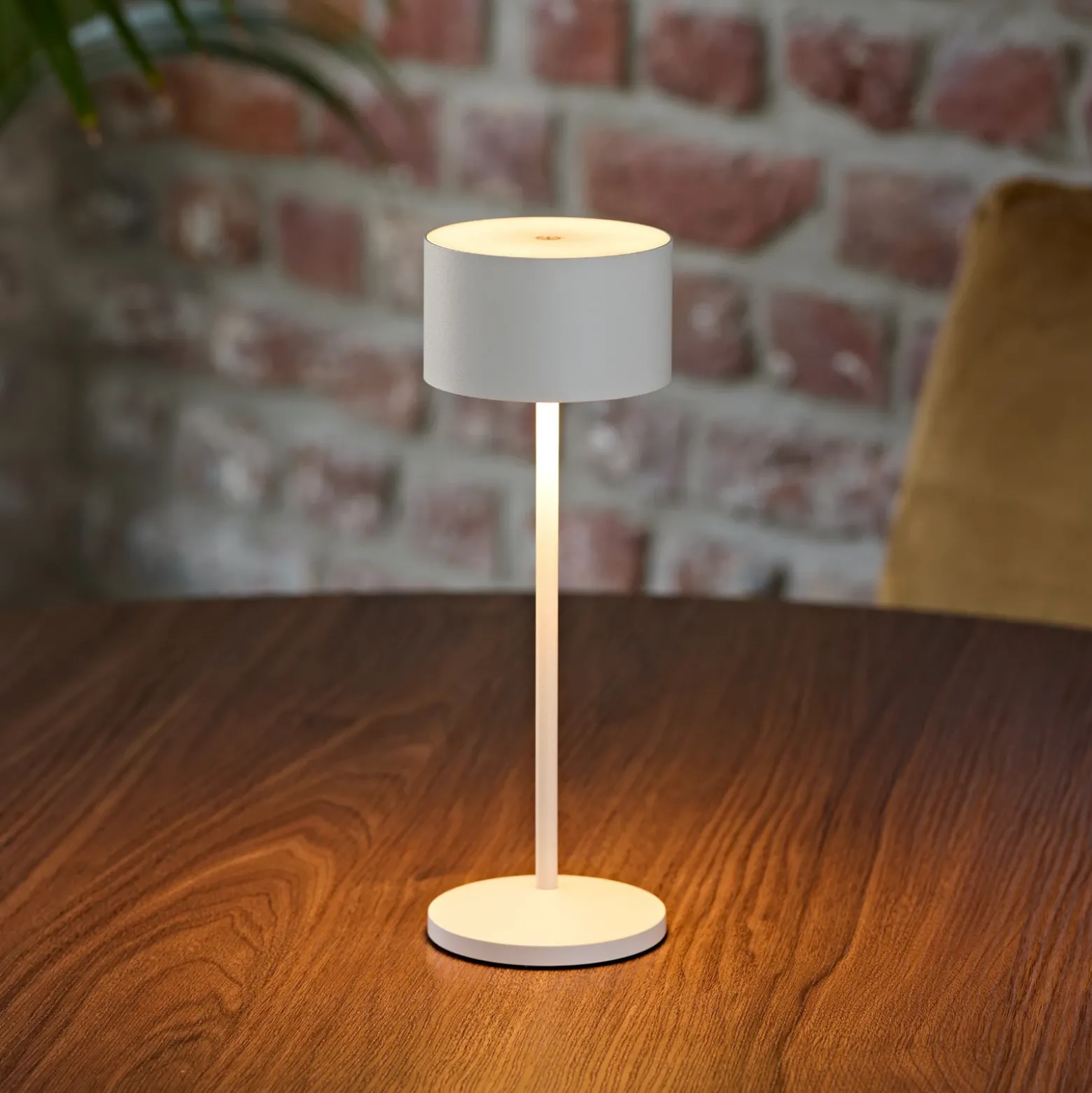 Lámpara de mesa LED recargable Veluna, blanca, altura 25 cm, IP44, atenuable,