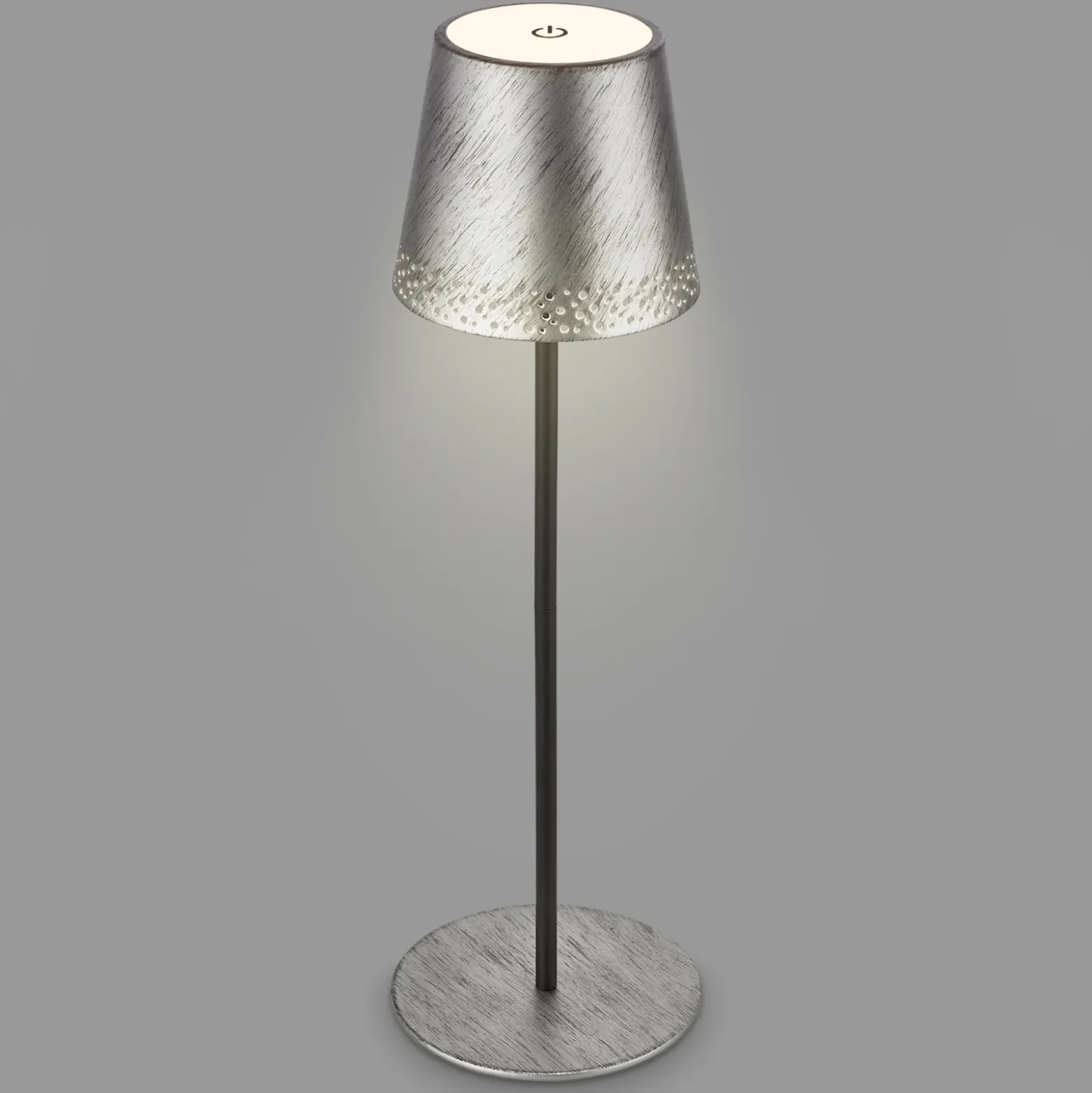 Lámpara de mesa LED recargable Kiki, plata envejecida, IP44, 3.000K