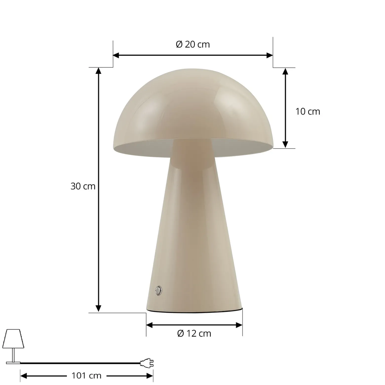 Lámpara de mesa LED recargable Lindby Nevijo, beige, Ø 20 cm, USB, atenuador de
