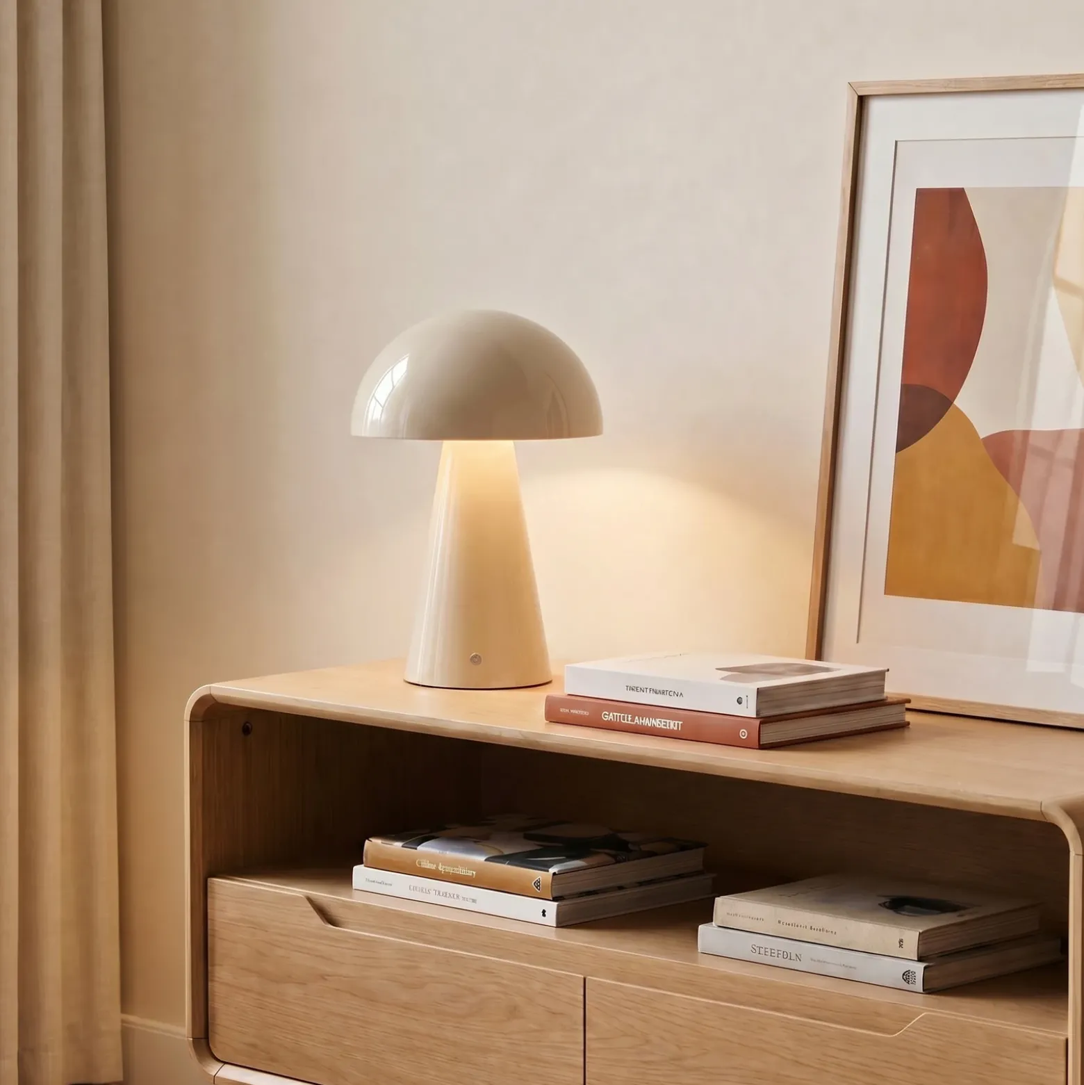 Lámpara de mesa LED recargable Lindby Nevijo, beige, Ø 20 cm, USB, atenuador de