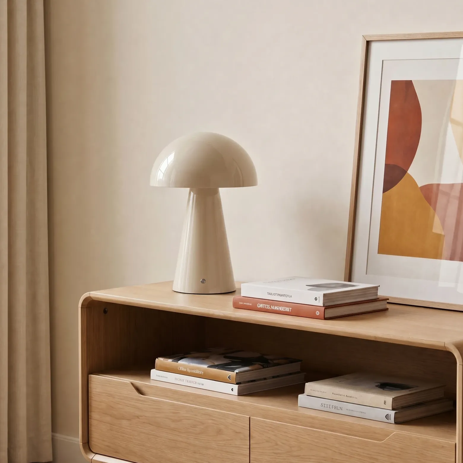 Lámpara de mesa LED recargable Lindby Nevijo, beige, Ø 20 cm, USB, atenuador de