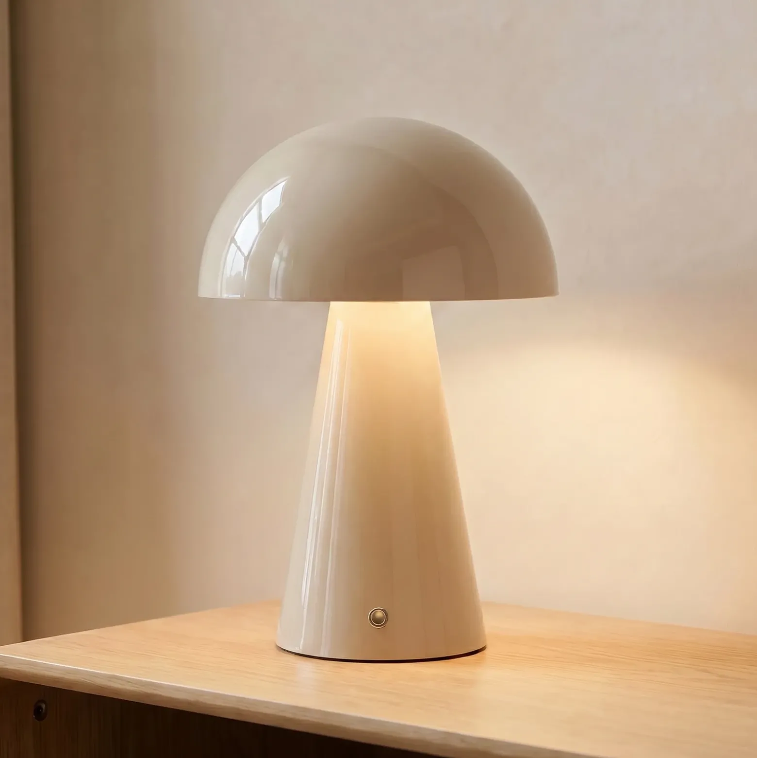 Lámpara de mesa LED recargable Lindby Nevijo, beige, Ø 20 cm, USB, atenuador de
