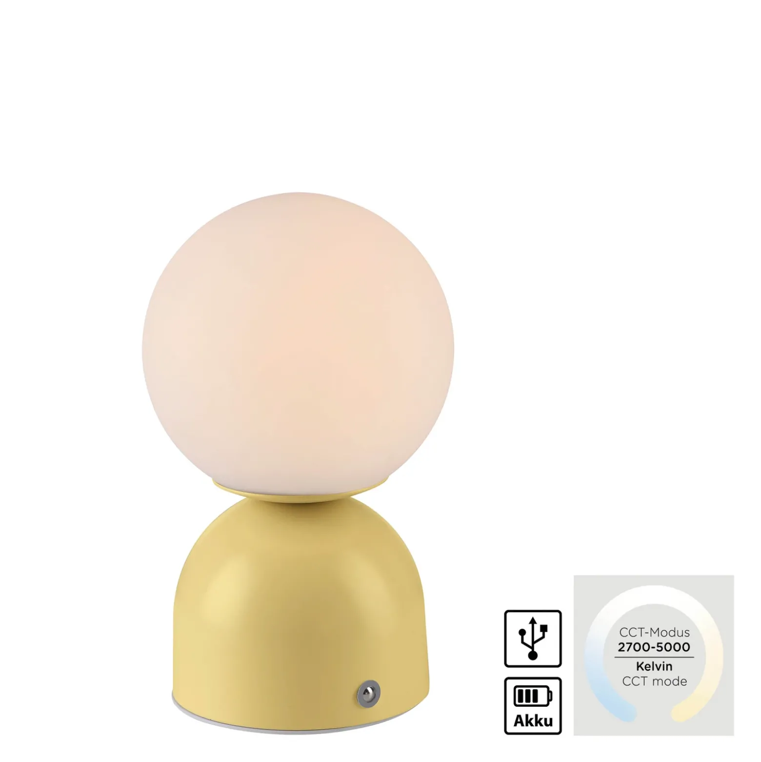 Lámpara de mesa LED recargable RUDI, amarilla, altura 20 cm, CCT, regulación