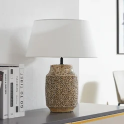 Lámpara de mesa Lindby Aelith, Ø 40 cm, marrón, cerámica, E27