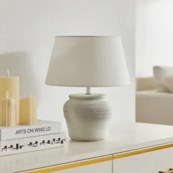 Lámpara de mesa Lindby Aelith, Ø 30 cm, blanca, cerámica, E27
