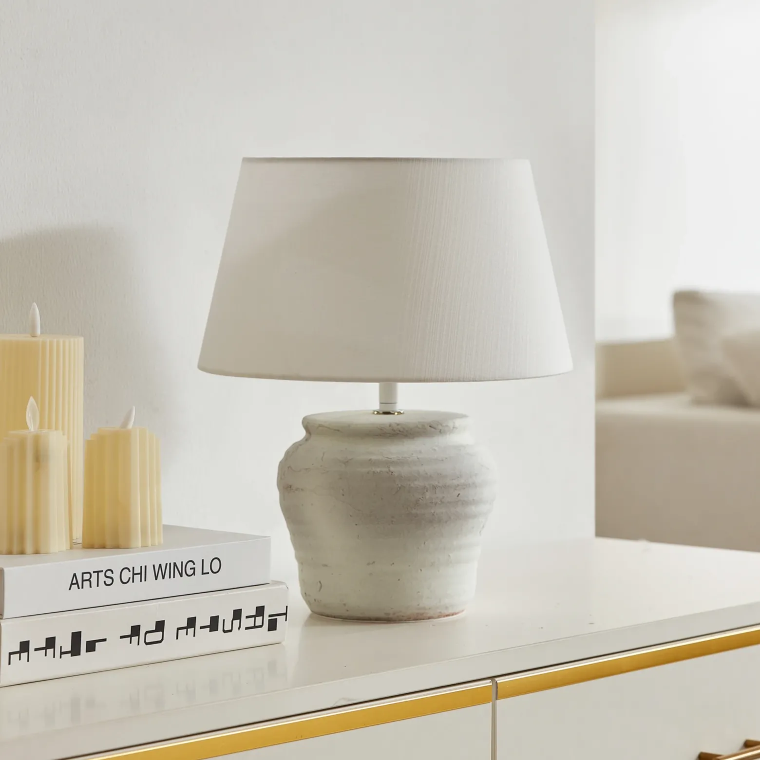 Lámpara de mesa Lindby Aelith, Ø 30 cm, blanca, cerámica, E27