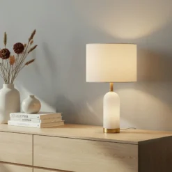 Lámpara de mesa Lindby alabastro, blanco/oro, Ø 30 cm, mármol, E27