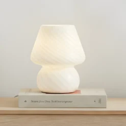 Lámpara de mesa Lindby Andriana, blanca, cristal, Ø 15 cm