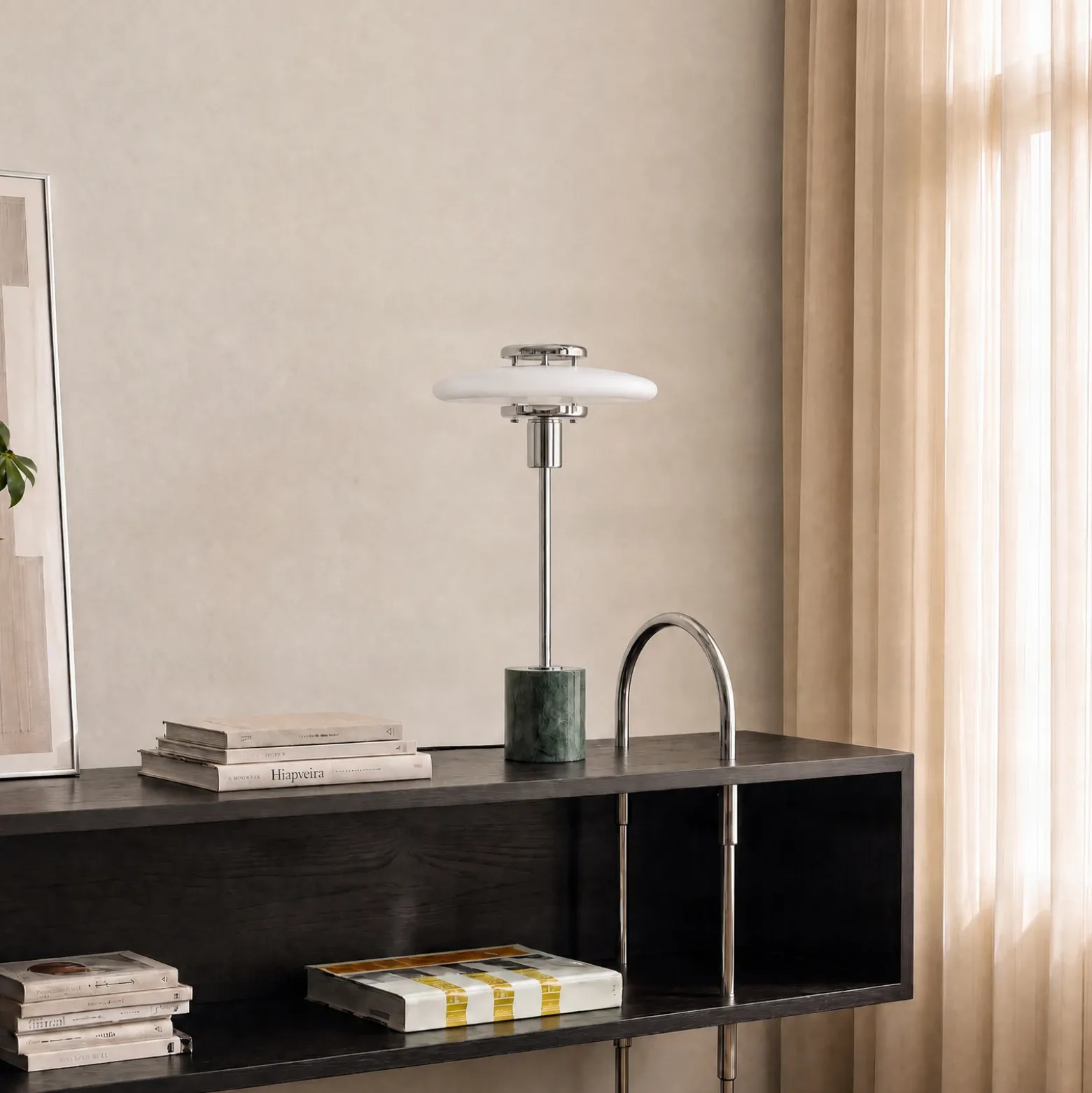 Lámpara de mesa Lindby Branford, retro, blanco/verde, cristal opalino/mármol
