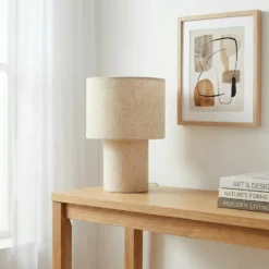 Lámpara de mesa Lindby Elfie, Ø 23 cm, beige, lino, E27