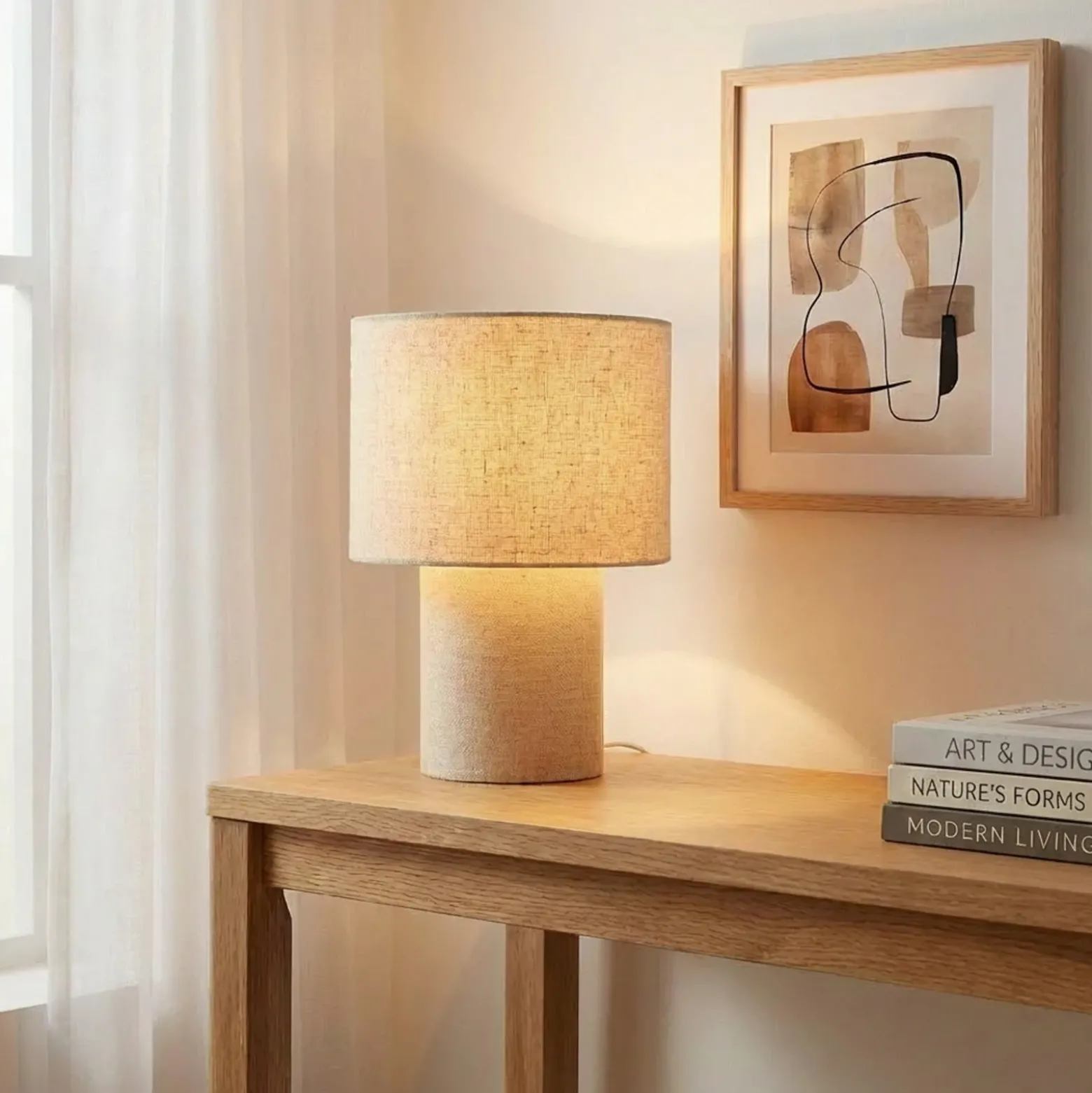 Lámpara de mesa Lindby Elfie, Ø 23 cm, beige, lino, E27