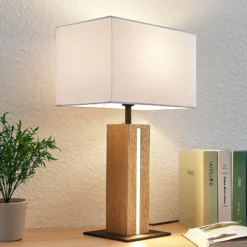 Lámpara de mesa Lindby Garry, 2 luces, blanca, madera, 53 cm, E27