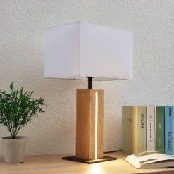 Lámpara de mesa Lindby Garry, 2 luces, blanca, madera, 53 cm, E27
