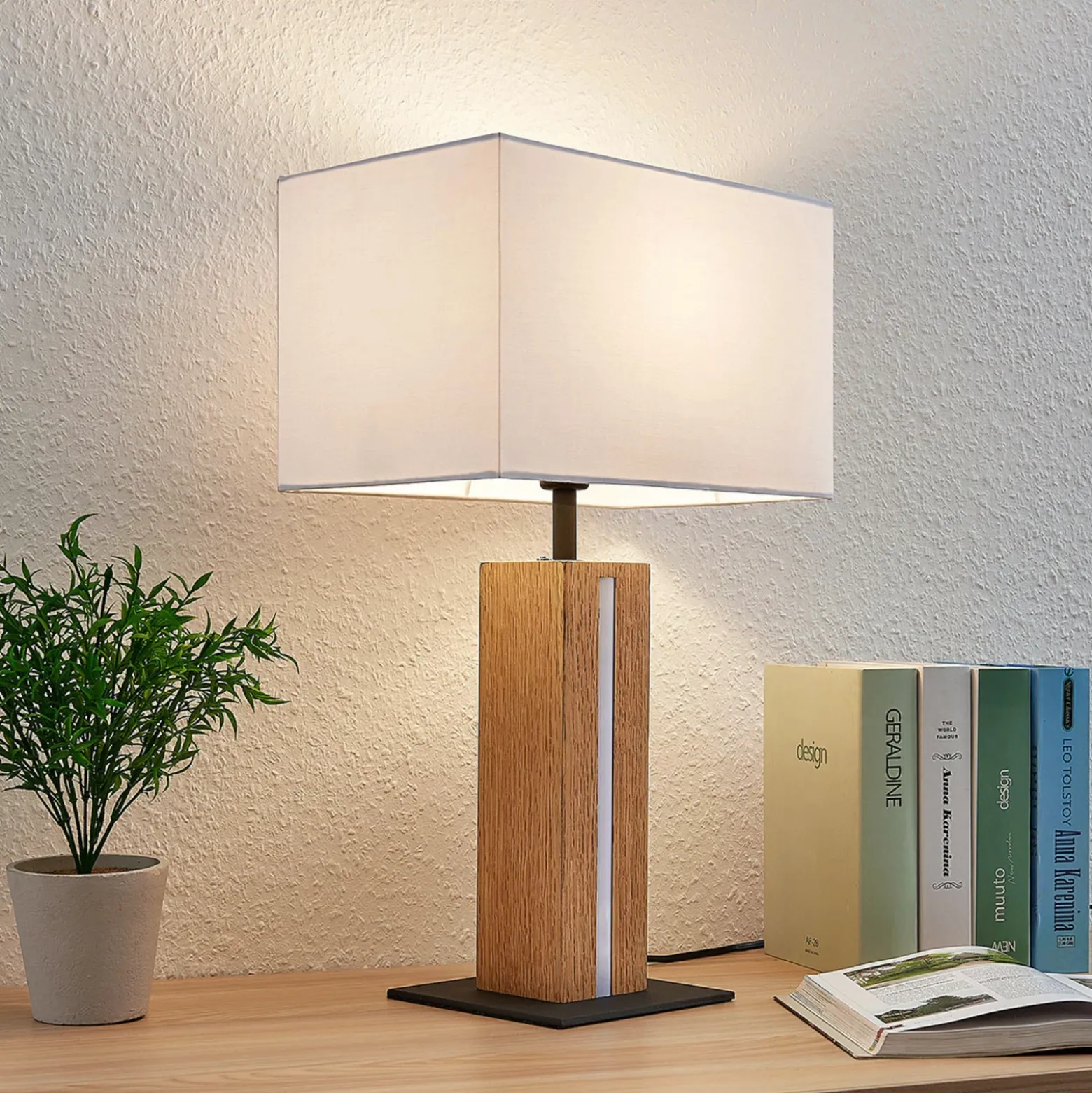 Lámpara de mesa Lindby Garry, 2 luces, blanca, madera, 53 cm, E27