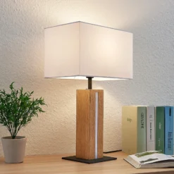 Lámpara de mesa Lindby Garry, 2 luces, blanca, madera, 53 cm, E27