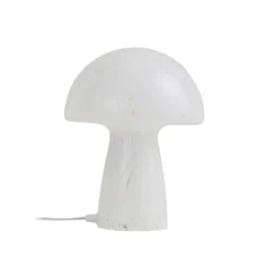 Lámpara de mesa Lindby Hubi, blanca, cristal, Ø 22 cm, forma de seta