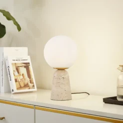 Lámpara de mesa Lindby Kirstan, beige, blanco, cristal, piedra, 33 cm