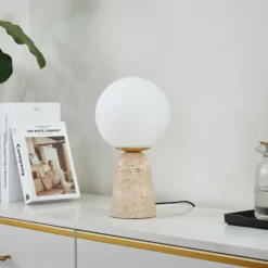 Lámpara de mesa Lindby Kirstan, beige, blanco, cristal, piedra, 33 cm