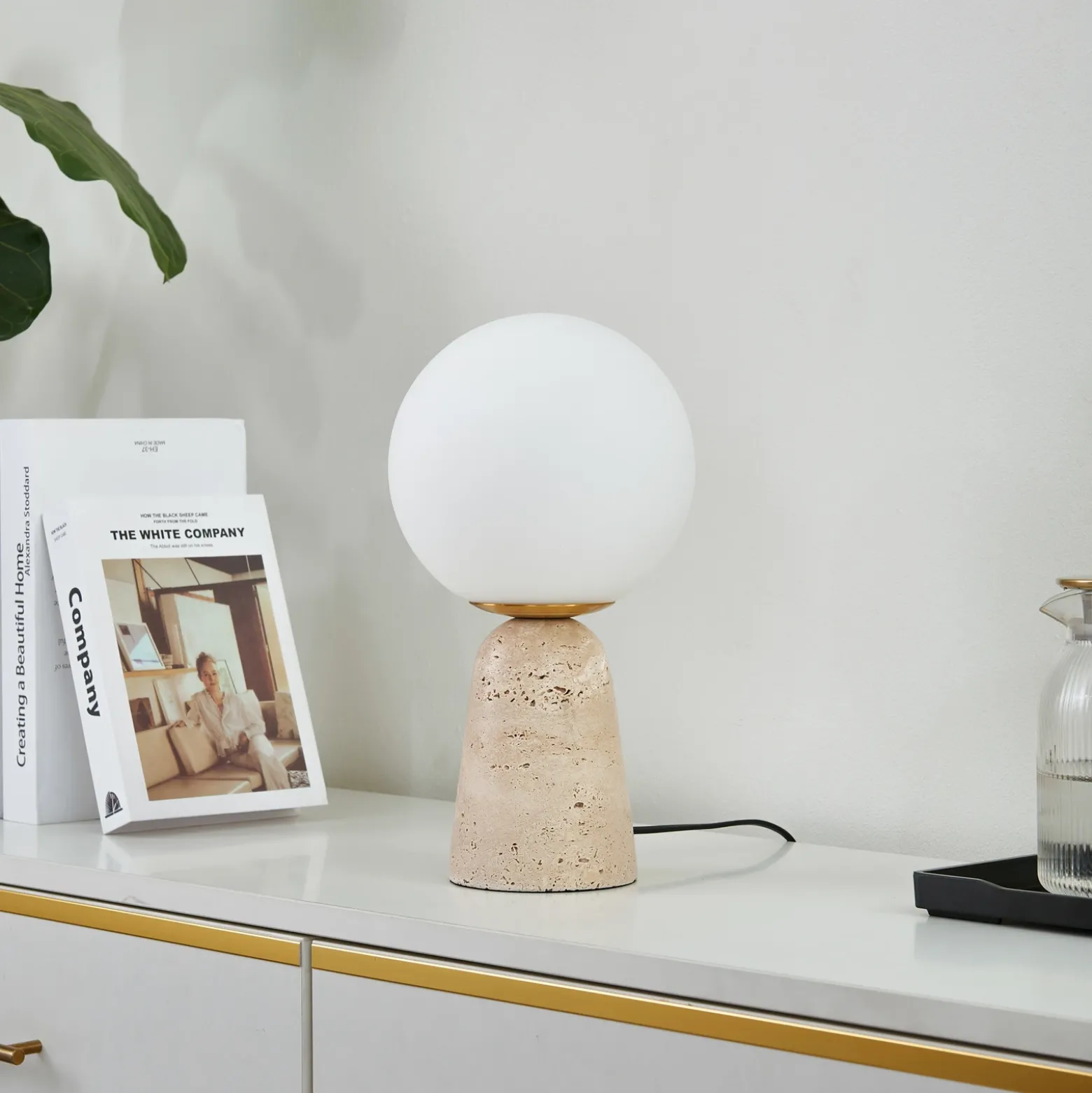 Lámpara de mesa Lindby Kirstan, beige, blanco, cristal, piedra, 33 cm
