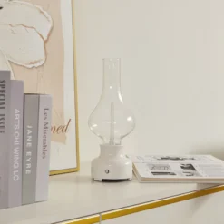 Lámpara de mesa Lindby LED recargable Maxentius, crema, cristal, atenuador