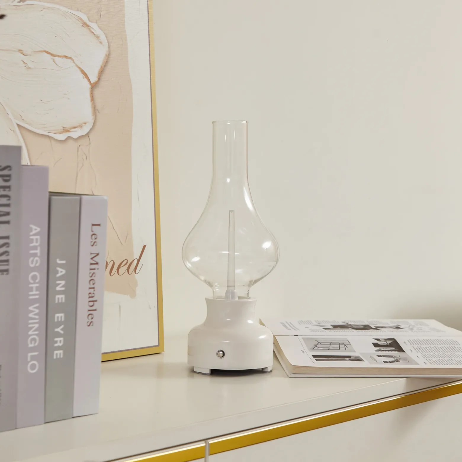 Lámpara de mesa Lindby LED recargable Maxentius, crema, cristal, atenuador